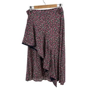 Rachel Zoe Waterfall Midi Skirt WMNS 12 Black Pink Floral Ruffle Elastic Waist